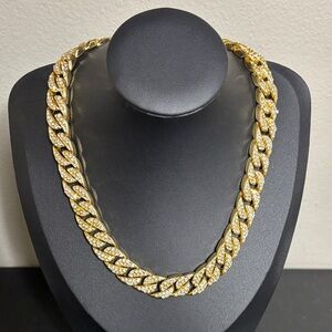 Luxurious Gold Tone Rhinestone Bling Choker Collar Statement Cuban Link Necklace